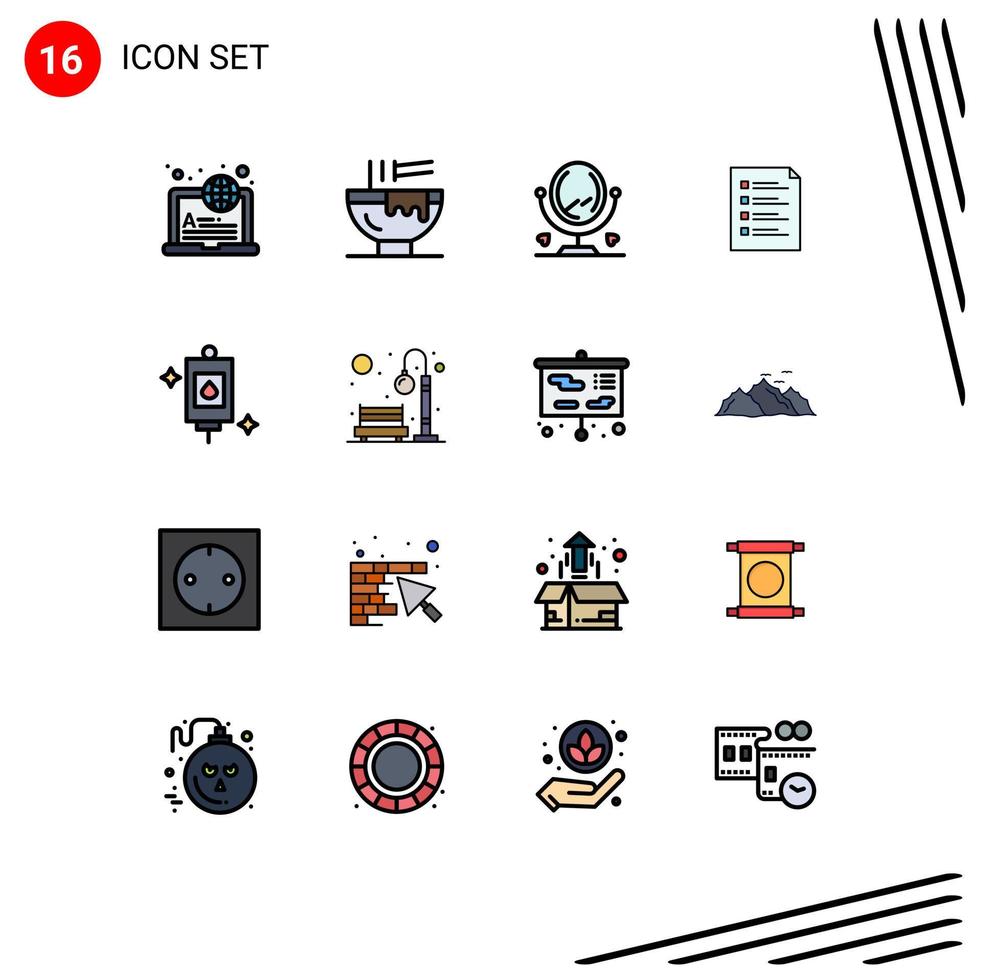 Editable Vector Line Pack of 16 Simple Flat Color Filled Lines of task list kitchen file checklist Editable Creative Vector Design Elements