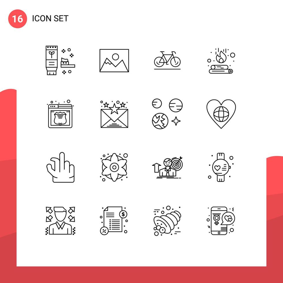 Stock Vector Icon Pack of 16 Line Signs and Symbols for security flame bicycle fire campfire Editable Vector Design Elements