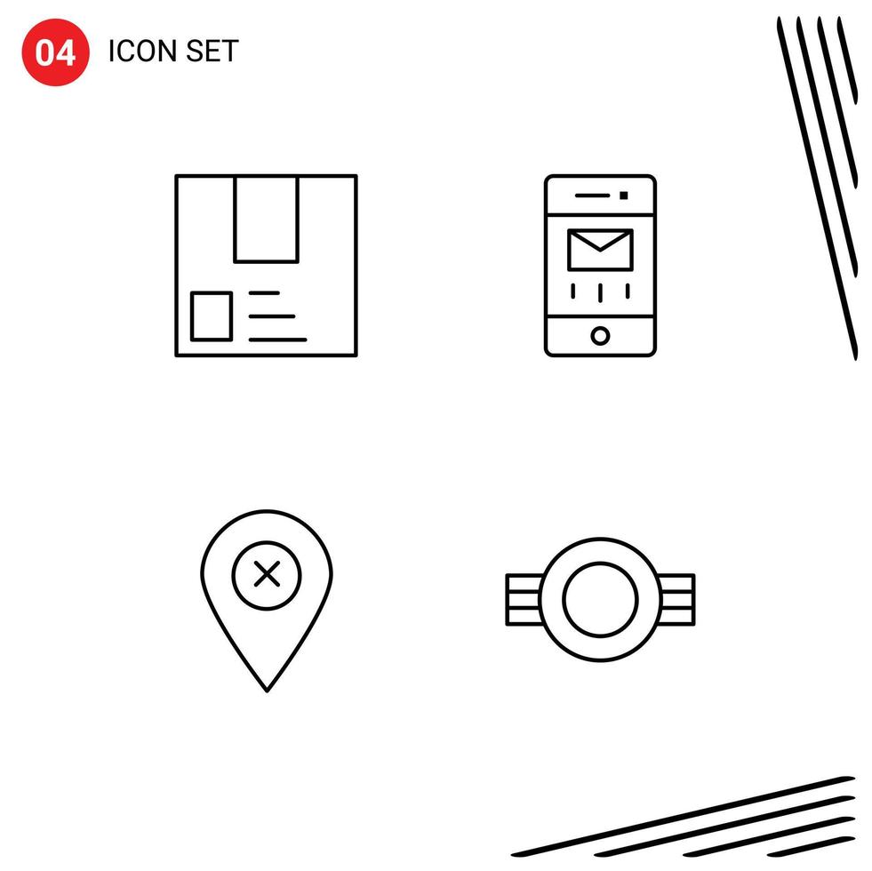 4 iconos creativos, signos y símbolos modernos de entrega de mensajes, sobres de paquetes, mapa de elementos de diseño vectorial editables vector