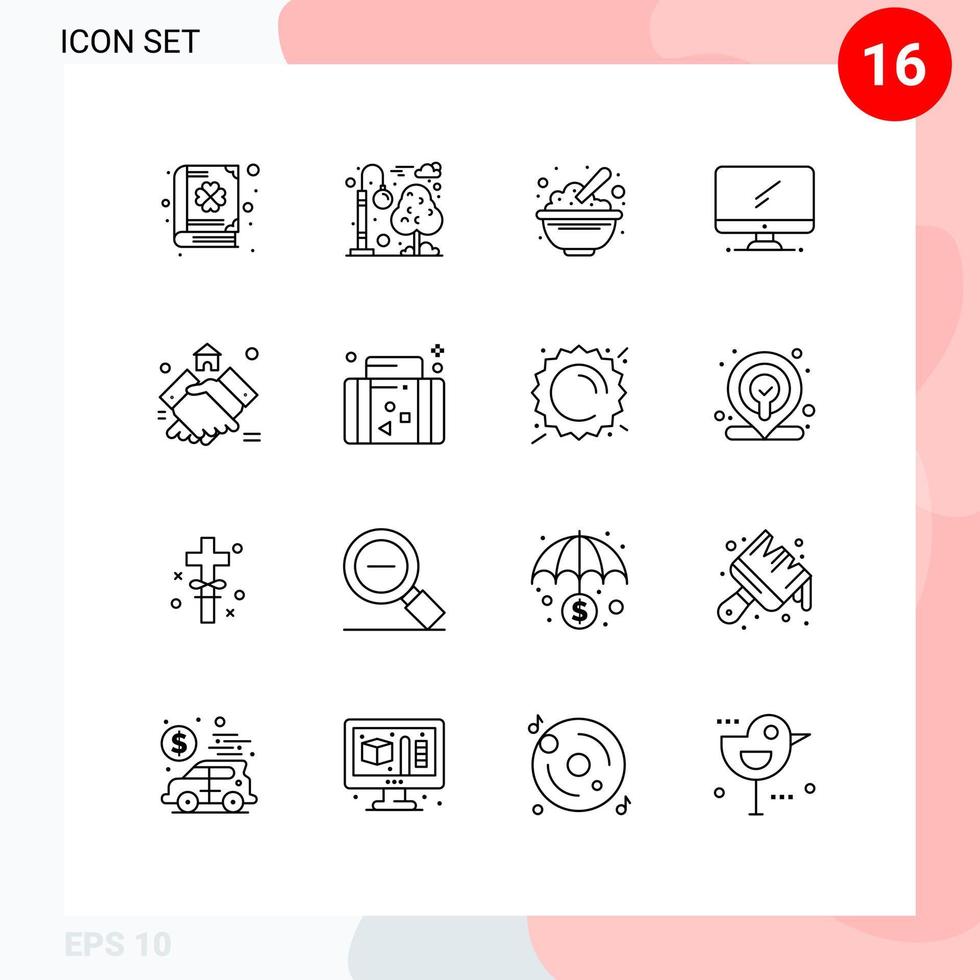 Pack of 16 Modern Outlines Signs and Symbols for Web Print Media such as pc device bowl monitor peanuts Editable Vector Design Elements