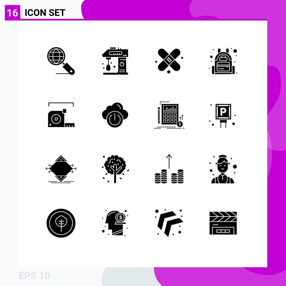 Universal Icon Symbols Group of 16 Modern Solid Glyphs of meter measure mixer travel backpack Editable Vector Design Elements