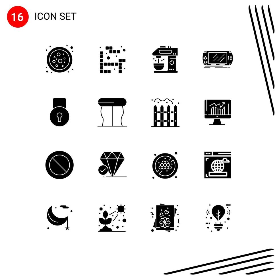 Pictogram Set of 16 Simple Solid Glyphs of protect key coffee machine psp game Editable Vector Design Elements