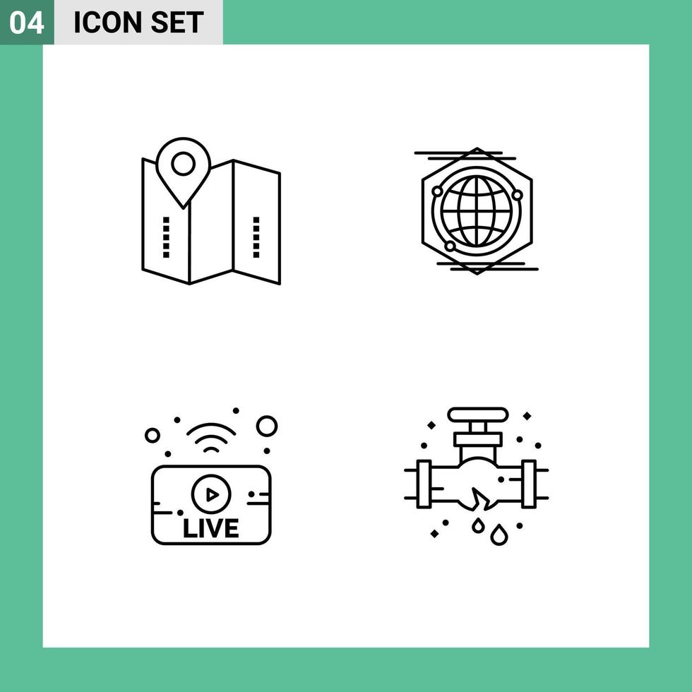 Mobile Interface Line Set of 4 Pictograms of map broadcasting location space news Editable Vector Design Elements