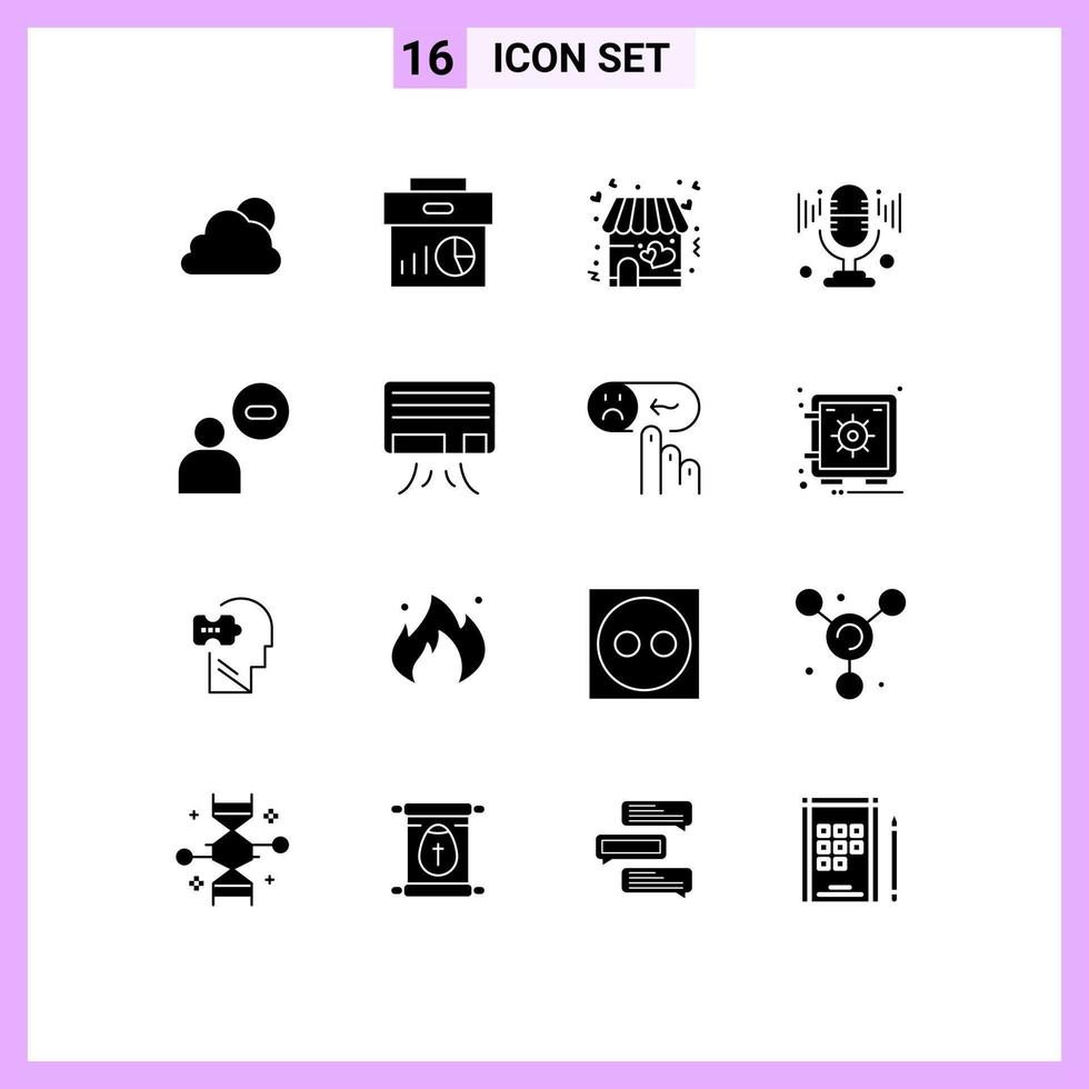 Solid Glyph Pack of 16 Universal Symbols of man sound marketing microphone valentine Editable Vector Design Elements