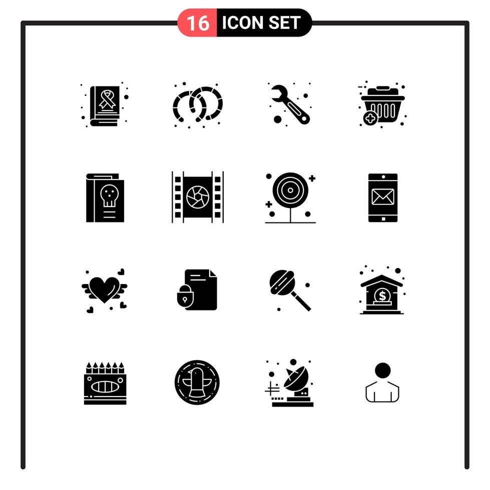 Set of 16 Vector Solid Glyphs on Grid for halloween fairy tale tool book shopping Editable Vector Design Elements