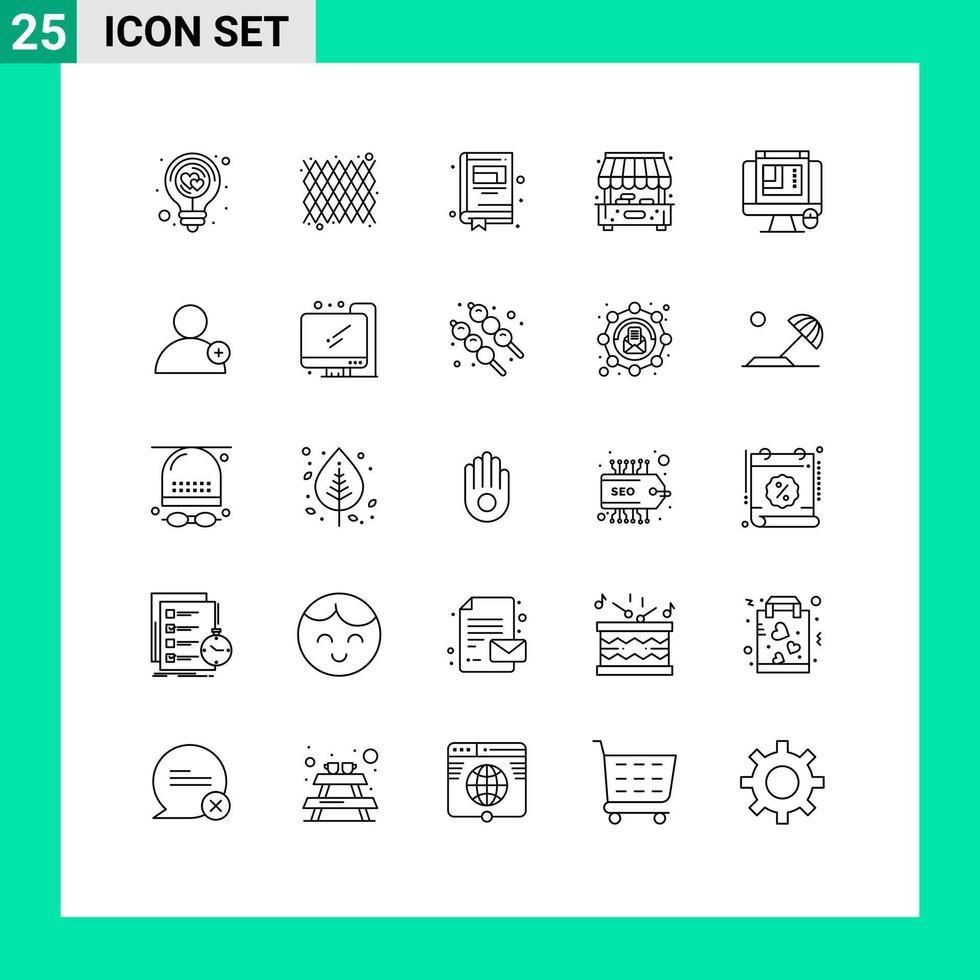 User Interface Pack of 25 Basic Lines of web graphics css design pattern shop city Editable Vector Design Elements