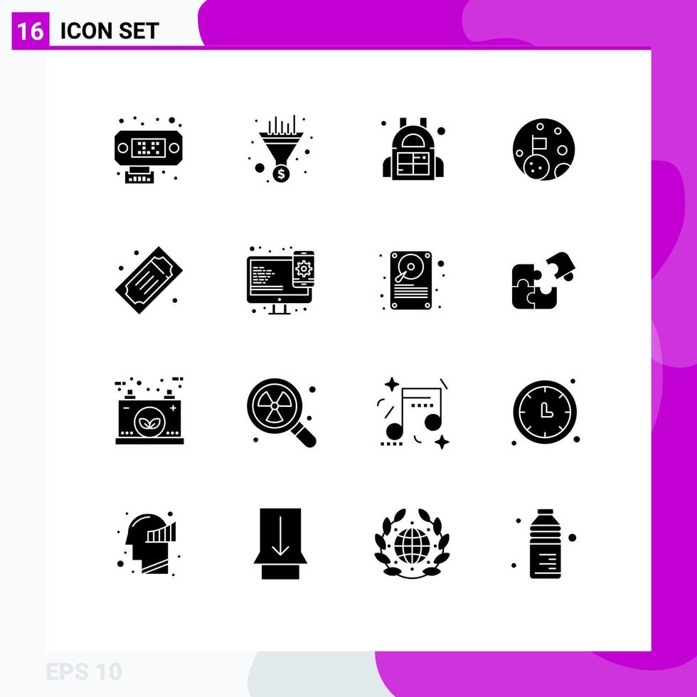 Group of 16 Modern Solid Glyphs Set for theater tickets movie raffle barrel cinema tickets space Editable Vector Design Elements