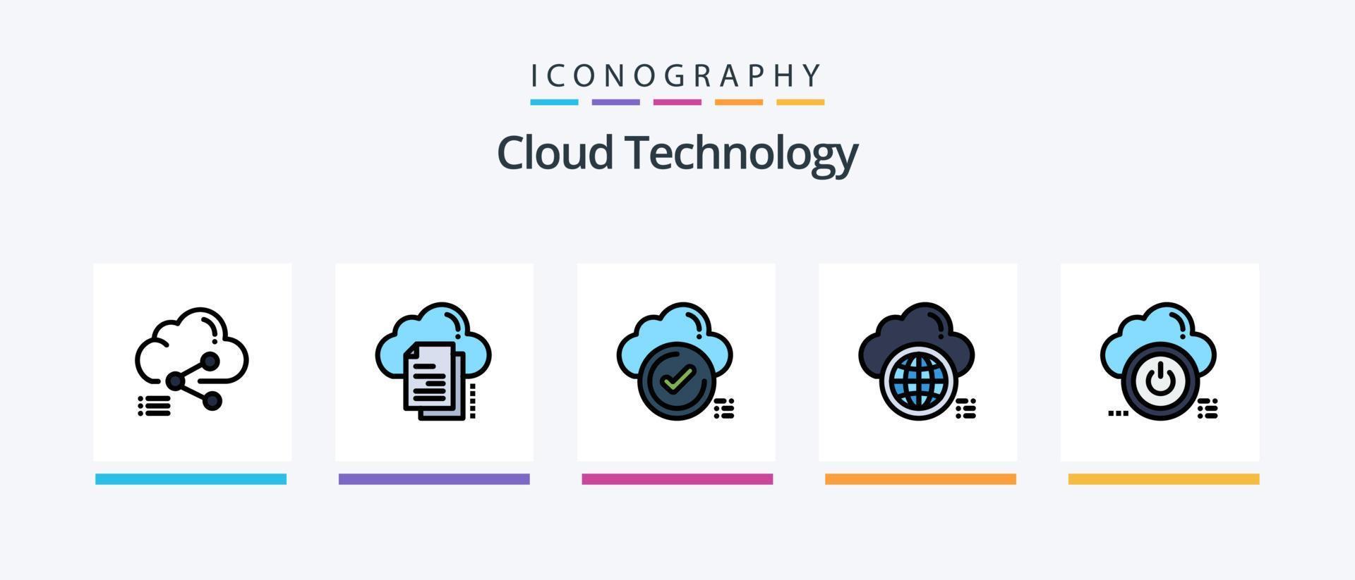 la línea de tecnología en la nube llenó el paquete de 5 iconos, incluida la nube. carpeta. nube. datos. globo. diseño de iconos creativos vector