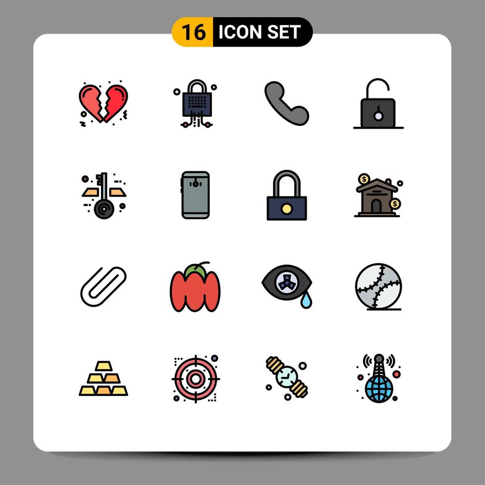 16 User Interface Flat Color Filled Line Pack of modern Signs and Symbols of keys architecture incoming unlock safety Editable Creative Vector Design Elements