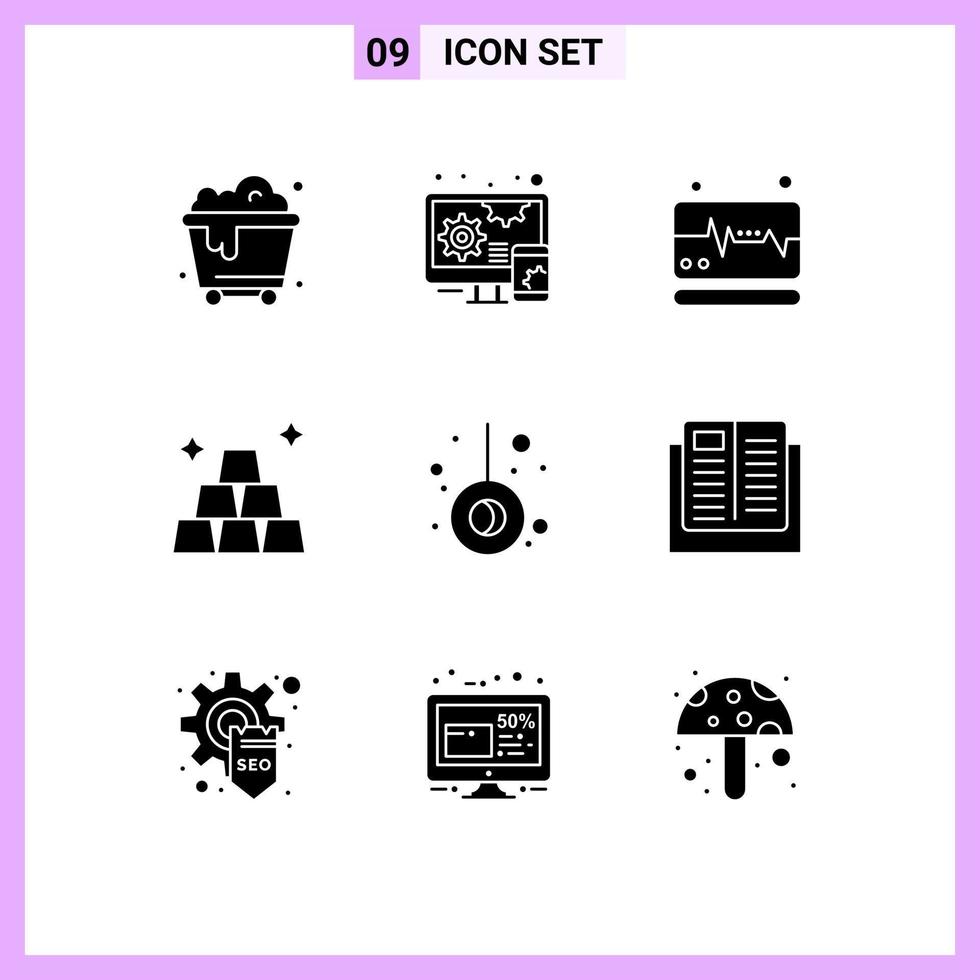Set of 9 Vector Solid Glyphs on Grid for knowledge e pulse camping movement Editable Vector Design Elements