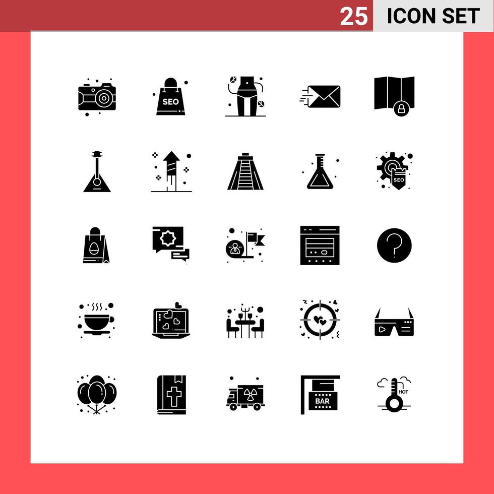 Modern Set of 25 Solid Glyphs and symbols such as map location diet message email Editable Vector Design Elements
