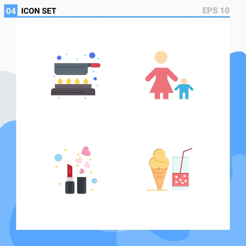 conjunto de iconos planos de interfaz móvil de 4 pictogramas de cocinar belleza freír niños moda elementos de diseño vectorial editables vector