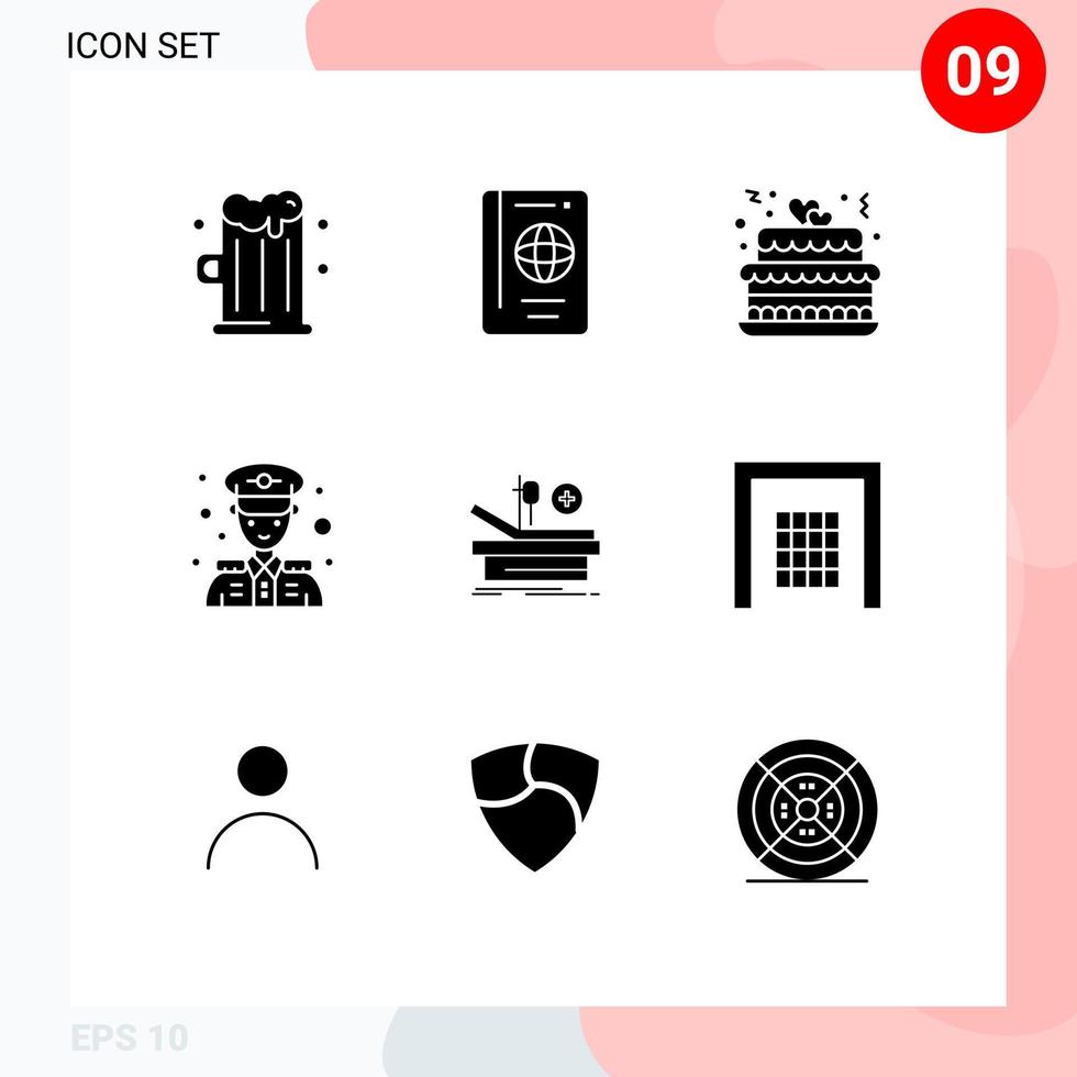 Universal Icon Symbols Group of 9 Modern Solid Glyphs of medical operation cake police security police Editable Vector Design Elements