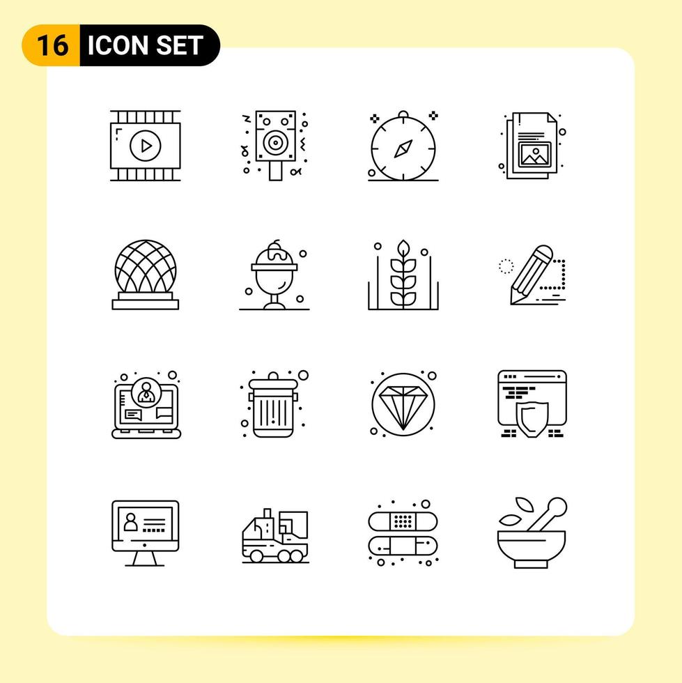 Mobile Interface Outline Set of 16 Pictograms of building gallery compass document summer Editable Vector Design Elements