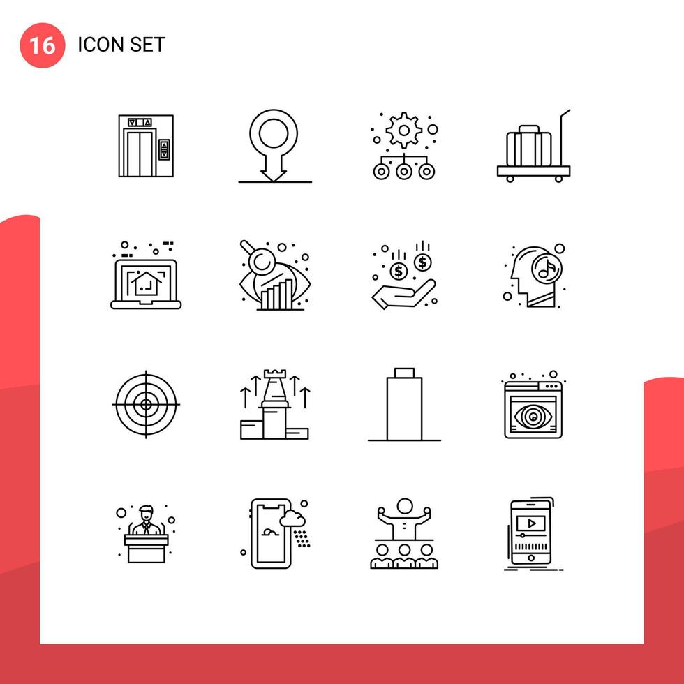 Paquete de 16 esquemas de interfaz de usuario de signos y símbolos modernos de la configuración del portátil inmobiliario elementos de diseño vectorial editables de peso de la casa vector