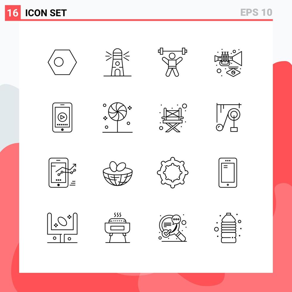 Universal Icon Symbols Group of 16 Modern Outlines of trumpet music house instrument fitness Editable Vector Design Elements