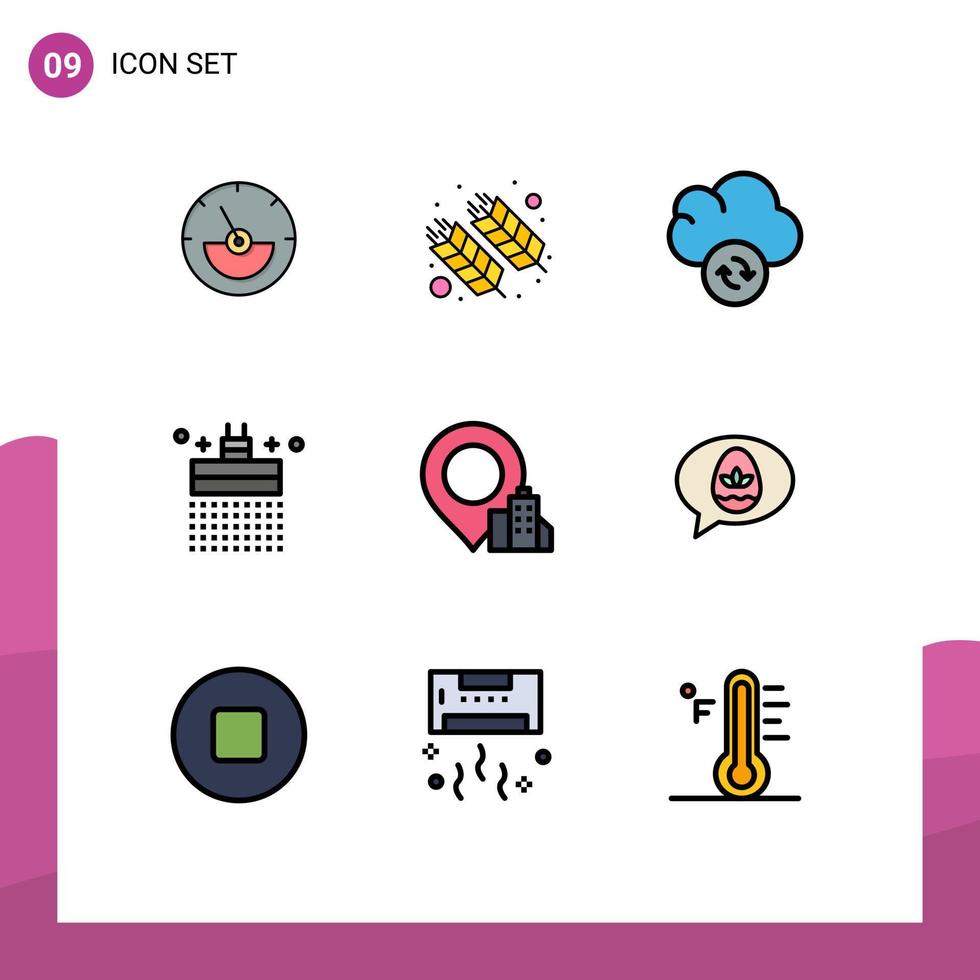 Pack of 9 Modern Filledline Flat Colors Signs and Symbols for Web Print Media such as building water wheat shower bath Editable Vector Design Elements