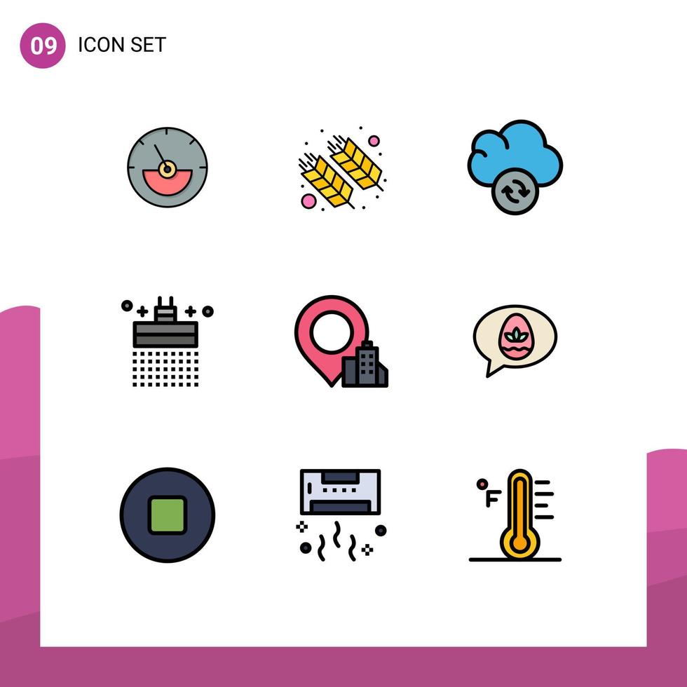 paquete de 9 signos y símbolos de colores planos de línea de relleno modernos para medios de impresión web, como la construcción de elementos de diseño de vectores editables de baño de ducha de trigo de agua