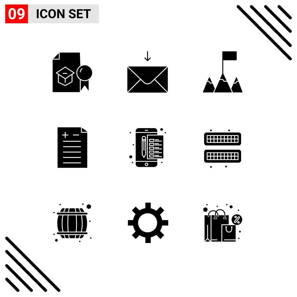 Mobile Interface Solid Glyph Set of 9 Pictograms of tax payment flag file test Editable Vector Design Elements