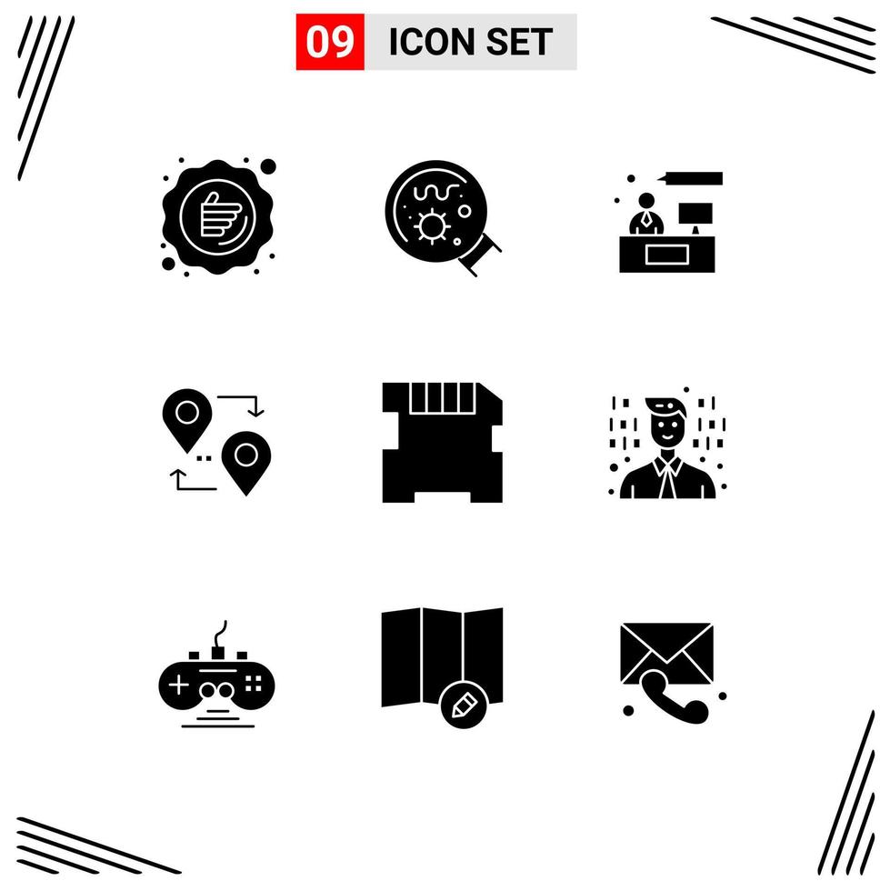 Pack of 9 creative Solid Glyphs of card pointer science map working Editable Vector Design Elements