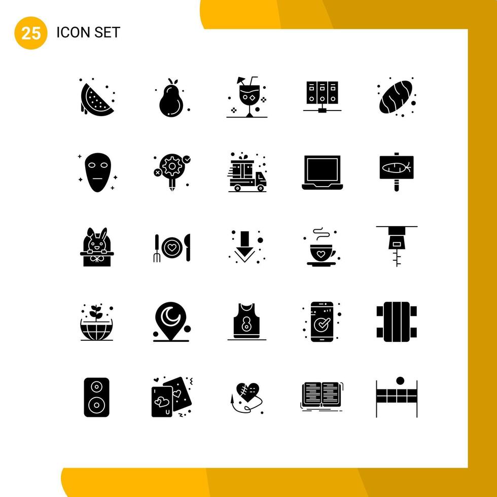 Pack of 25 Modern Solid Glyphs Signs and Symbols for Web Print Media such as database mainframe summer computer drink Editable Vector Design Elements