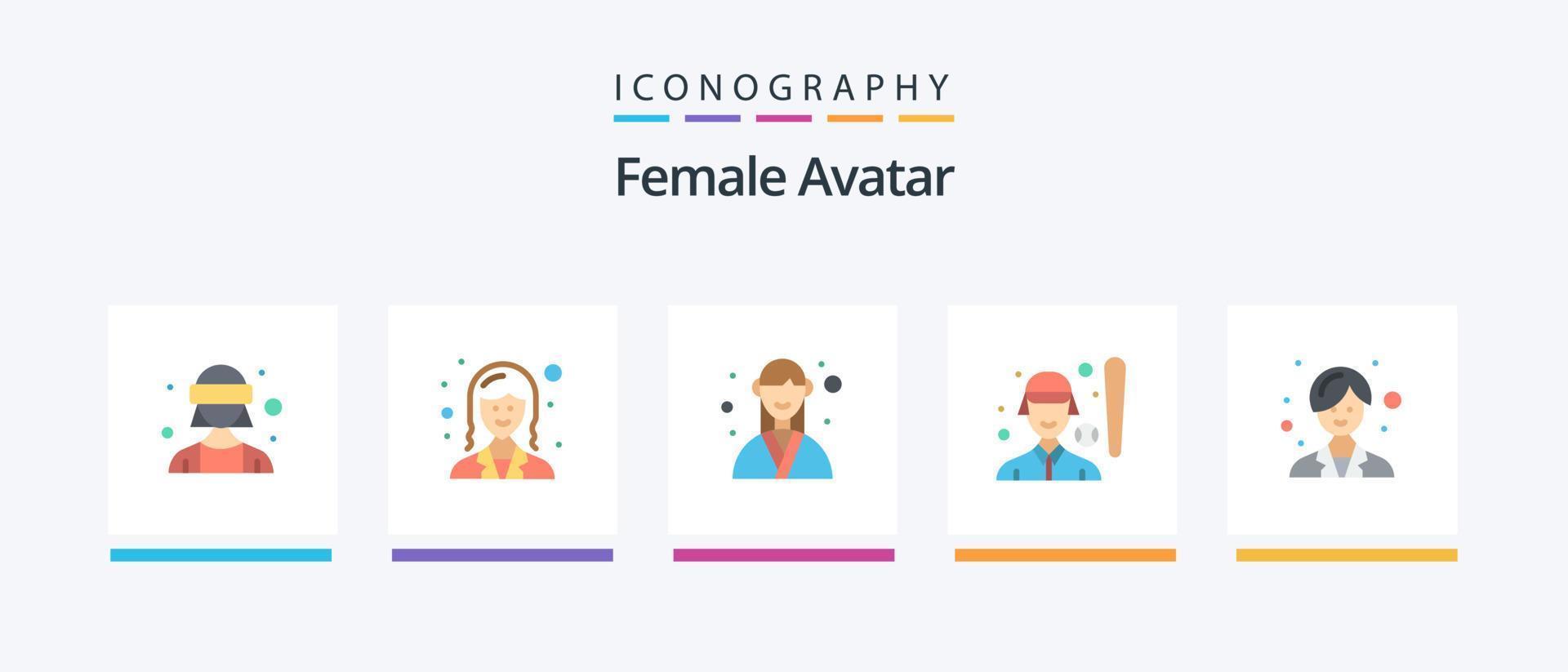 avatar femenino plano 5 paquete de iconos que incluye mujeres deportistas. femenino. diseñador. jugador de baseball. planificador. diseño de iconos creativos vector
