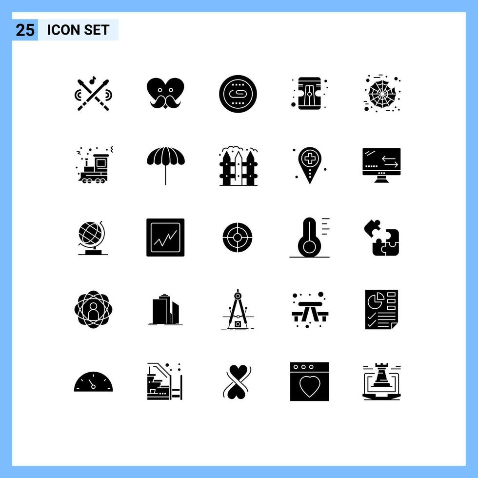 Universal Icon Symbols Group of 25 Modern Solid Glyphs of spider tool engine sharpener search Editable Vector Design Elements