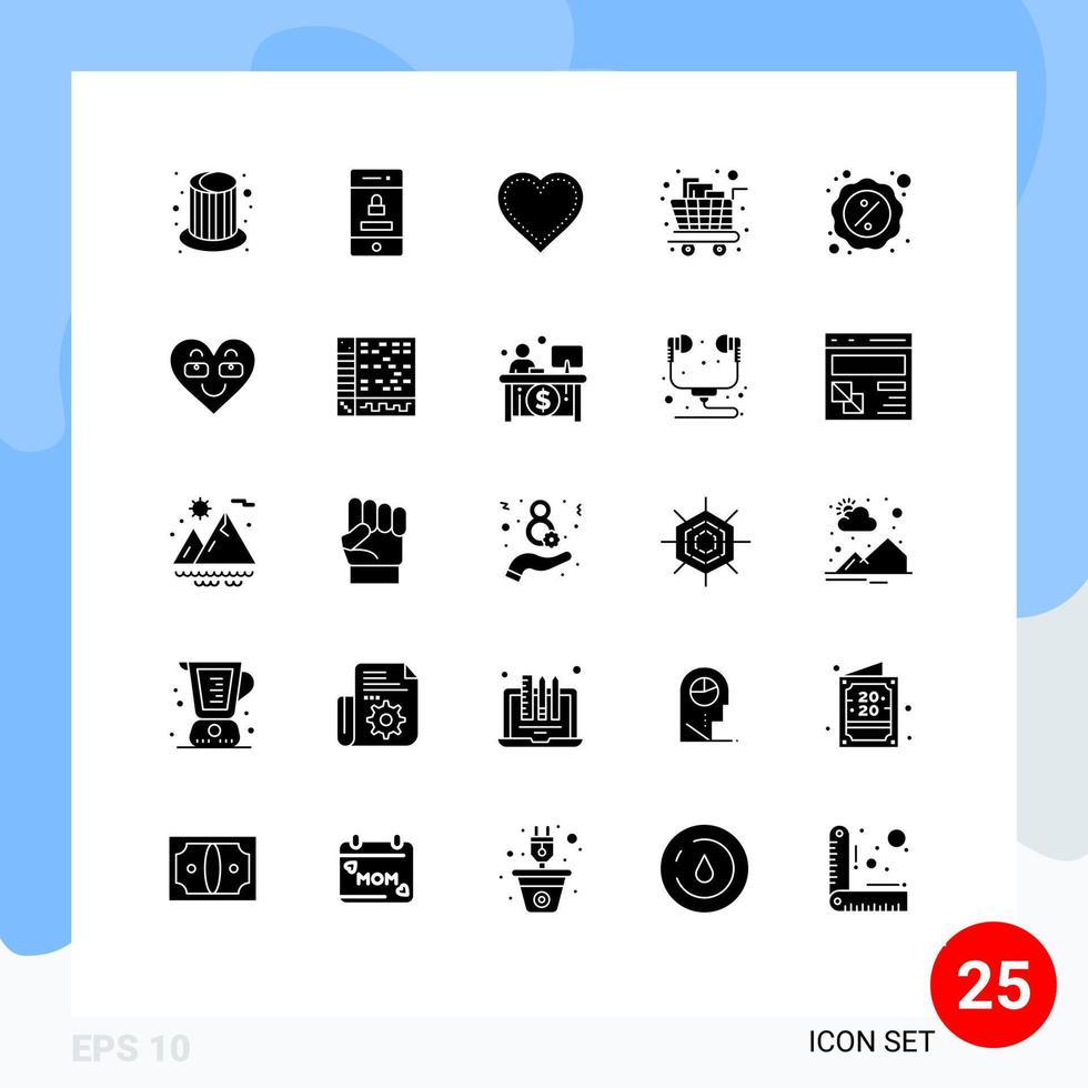 Universal Icon Symbols Group of 25 Modern Solid Glyphs of trolley groceries heart full report Editable Vector Design Elements