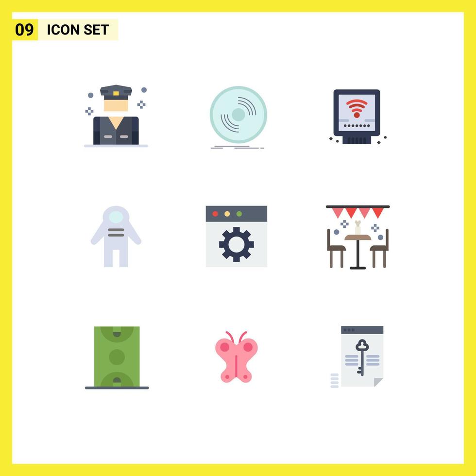 Pack of 9 Modern Flat Colors Signs and Symbols for Web Print Media such as app people vinyl cosmonaut plumbing Editable Vector Design Elements