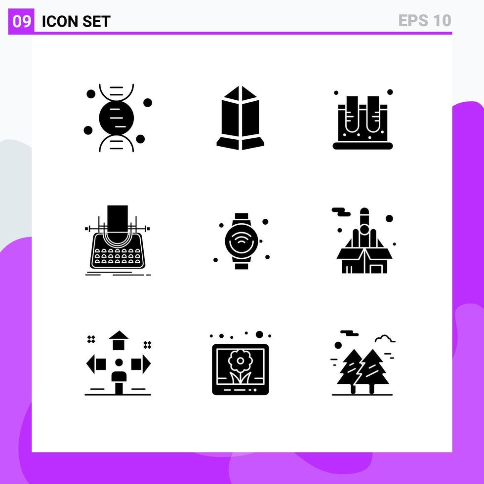 Pack of 9 Modern Solid Glyphs Signs and Symbols for Web Print Media such as smart watch typewriter jar story article Editable Vector Design Elements