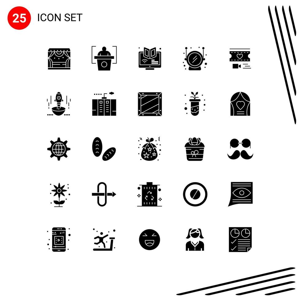 User Interface Pack of 25 Basic Solid Glyphs of heart safety e space course Editable Vector Design Elements