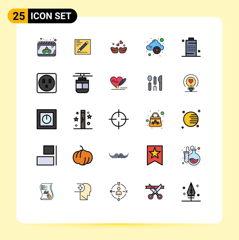 paquete de 25 modernos signos y símbolos de colores planos de línea rellena para medios de impresión web, como elementos de diseño de vectores editables en la nube de error de aves de almacenamiento celular