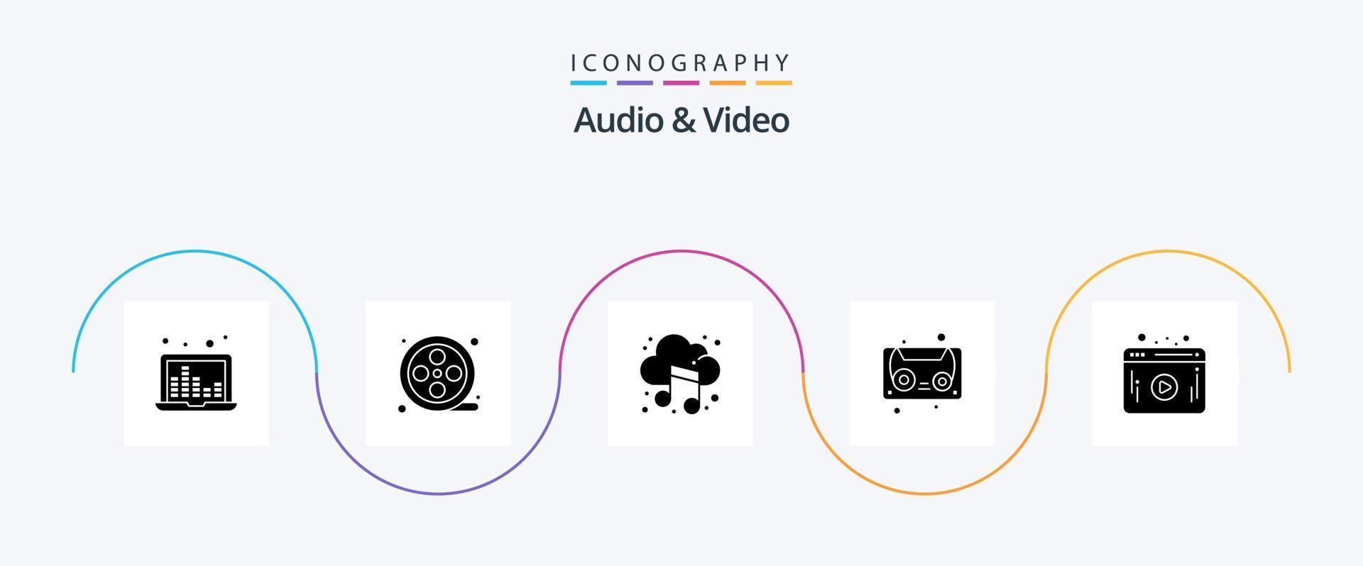 Audio And Video Glyph 5 Icon Pack Including . web. cloud. video. cassette vector