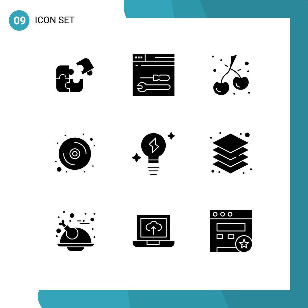 Set of 9 Modern UI Icons Symbols Signs for bulb disk tools data food Editable Vector Design Elements