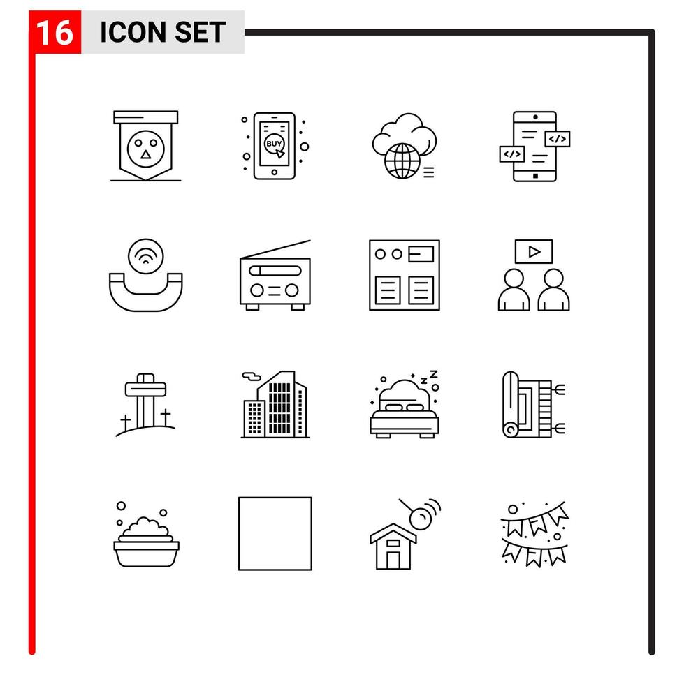 Set of 16 Vector Outlines on Grid for call div cloud arrows technology Editable Vector Design Elements