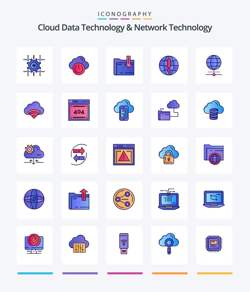 tecnología creativa de datos en la nube y tecnología de red paquete de iconos rellenos de 25 líneas, como conexión. mundo. carpeta. navegador . globo vector