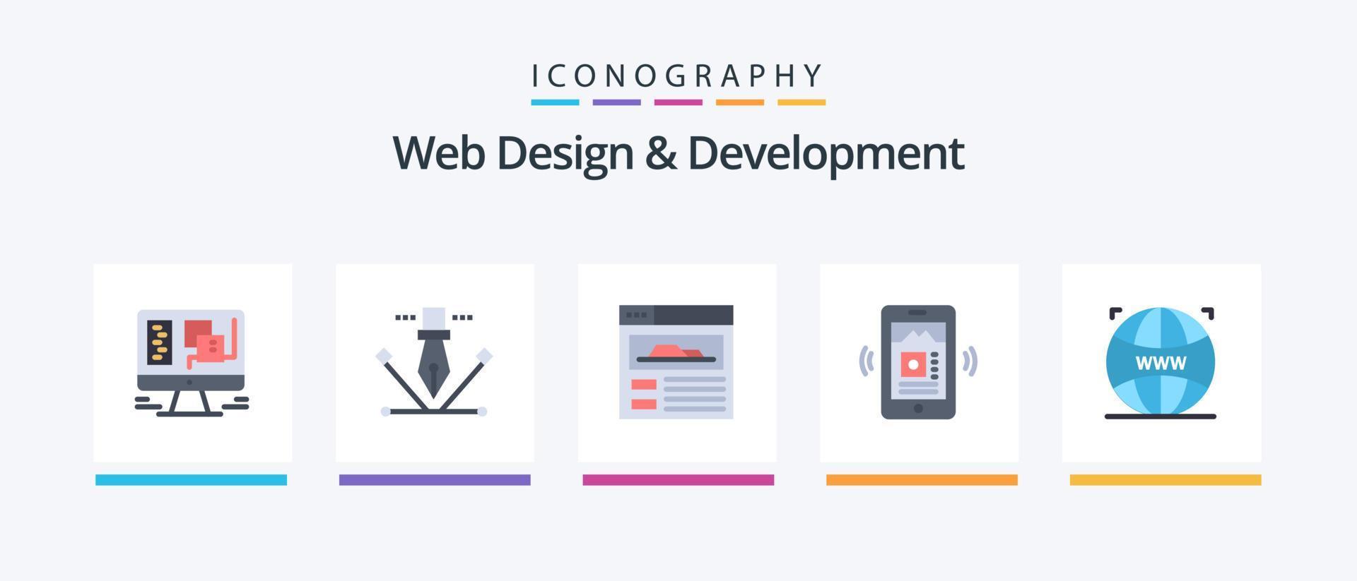 Web Design And Development Flat 5 Icon Pack Including . designing. site. web. mp music. Creative Icons Design vector