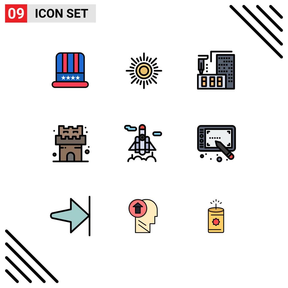 Group of 9 Filledline Flat Colors Signs and Symbols for design space construction rocket castle Editable Vector Design Elements