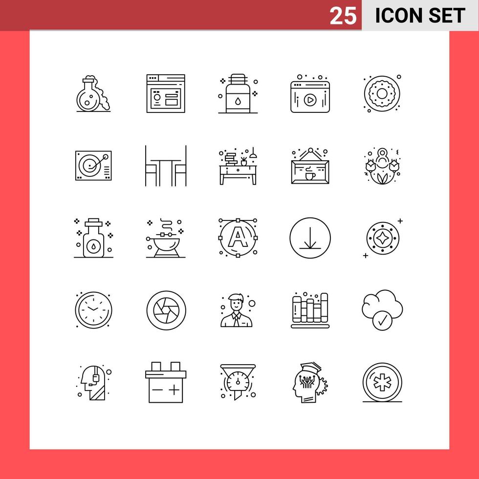 25 Universal Line Signs Symbols of donut player hair web spa Editable Vector Design Elements