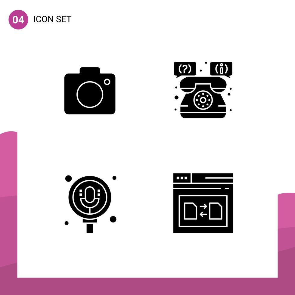Solid Glyph Pack of 4 Universal Symbols of camera microphone picture support pack Editable Vector Design Elements