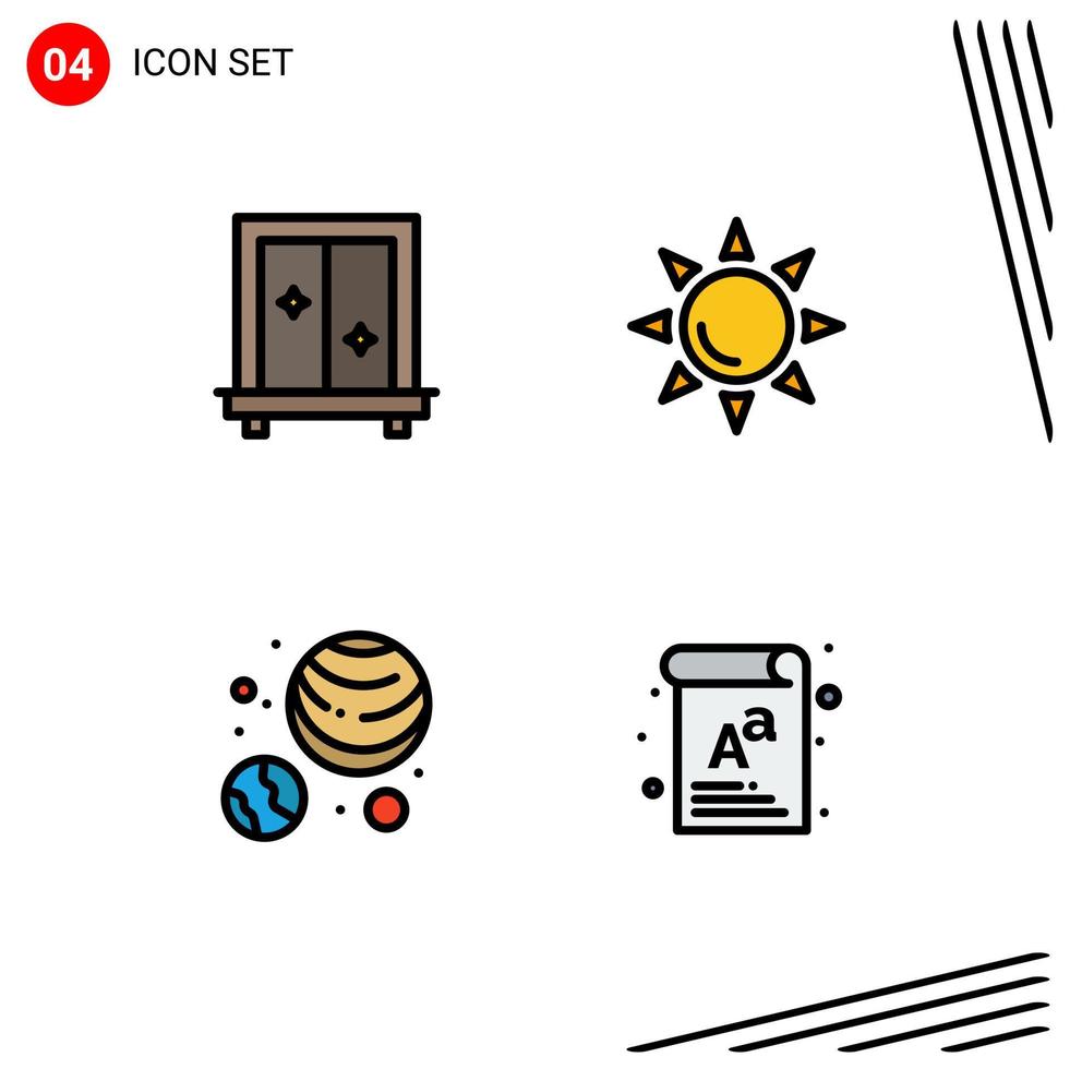 4 User Interface Filledline Flat Color Pack of modern Signs and Symbols of window planets dressing sun document Editable Vector Design Elements