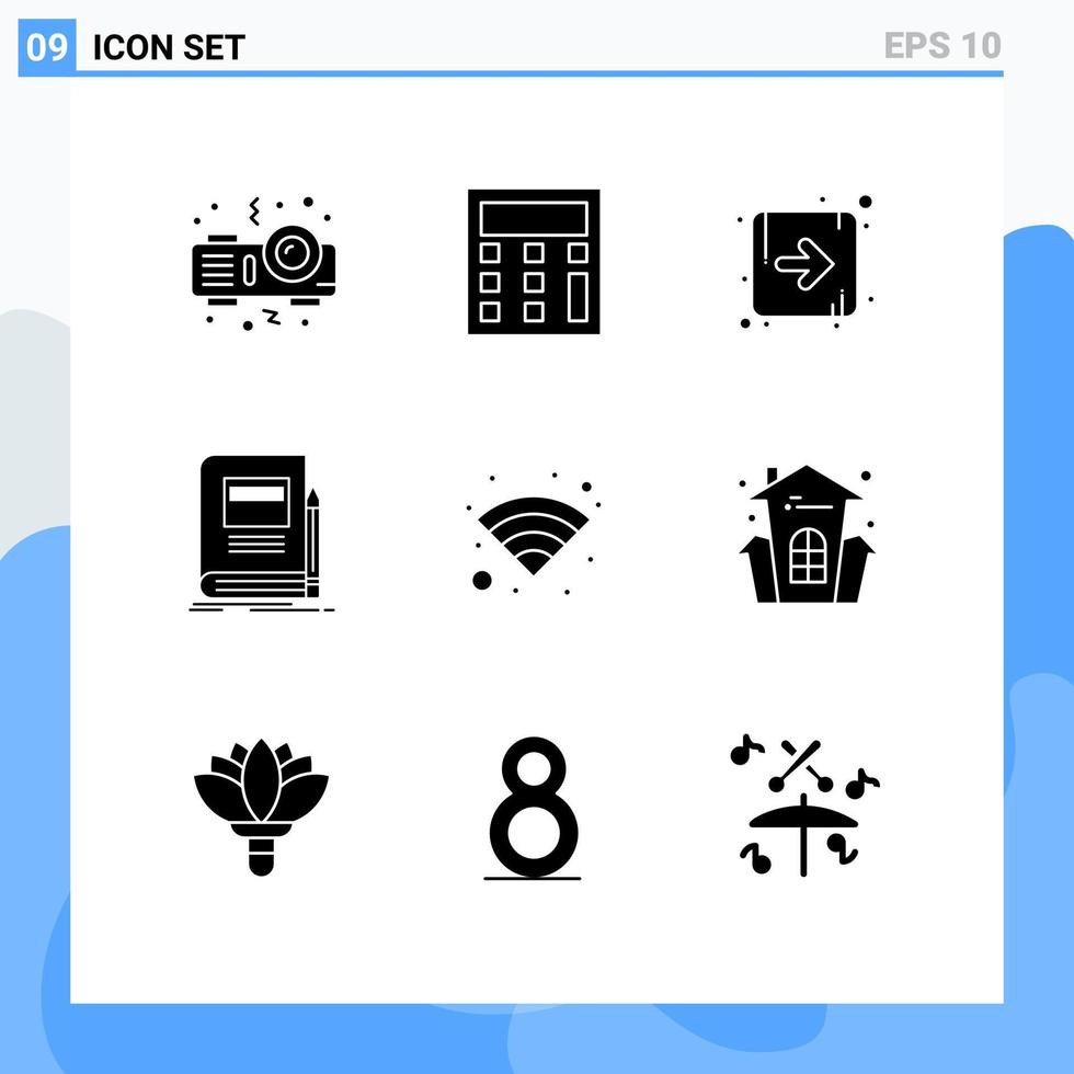 Pack of 9 creative Solid Glyphs of castle wifi right technology notebook Editable Vector Design Elements