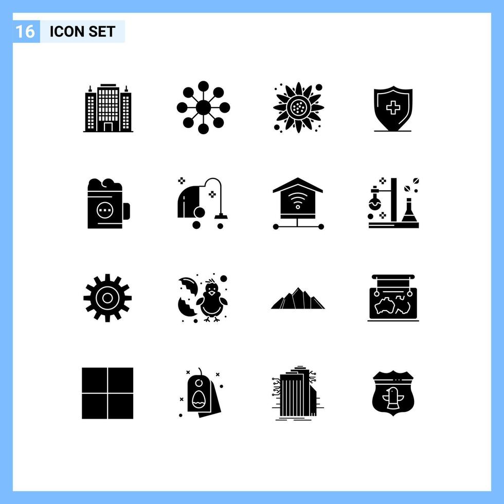 Modern Set of 16 Solid Glyphs and symbols such as beverage alcohol flower shield sign Editable Vector Design Elements