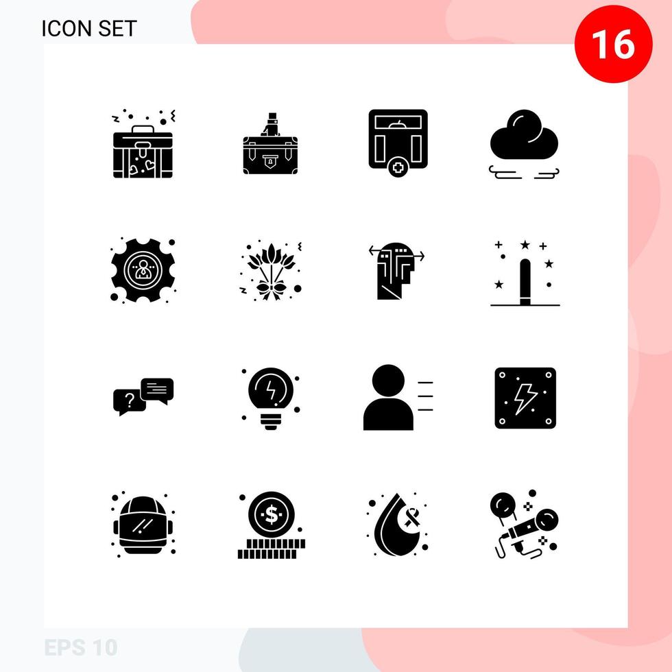 Editable Vector Line Pack of 16 Simple Solid Glyphs of management cloud marketing wind medical Editable Vector Design Elements