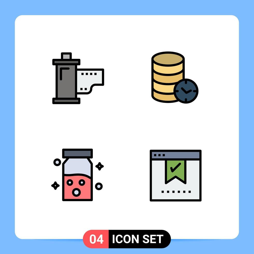 Pack of 4 Modern Filledline Flat Colors Signs and Symbols for Web Print Media such as cinema watch hollywood security health Editable Vector Design Elements
