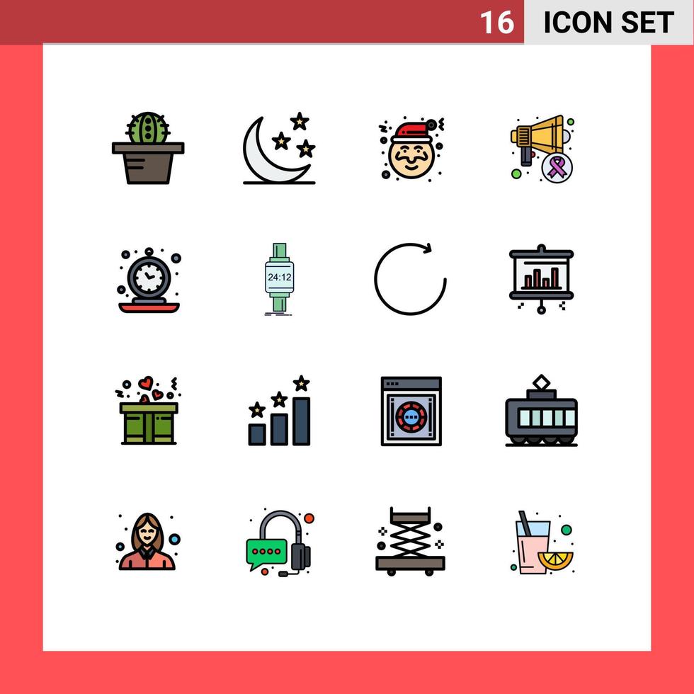 grupo de 16 líneas llenas de color plano signos y símbolos para el tiempo viejo reloj de santa mundo elementos de diseño de vectores creativos editables