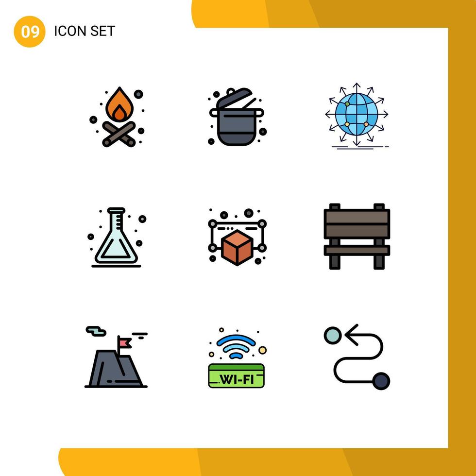 Set of 9 Vector Filledline Flat Colors on Grid for gadget flask globe lab worldwide Editable Vector Design Elements