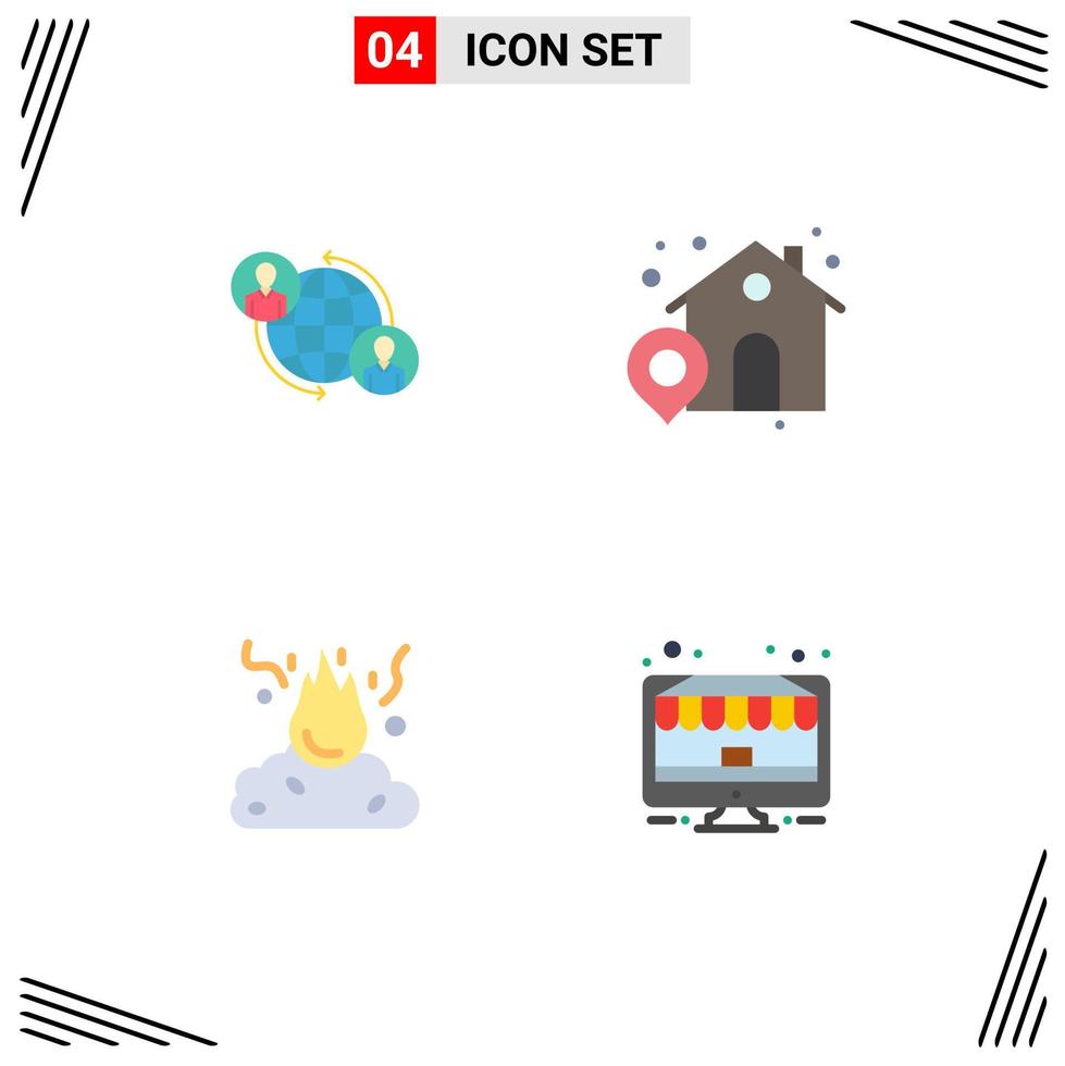 Set of 4 Commercial Flat Icons pack for connected fire internet house pollution Editable Vector Design Elements