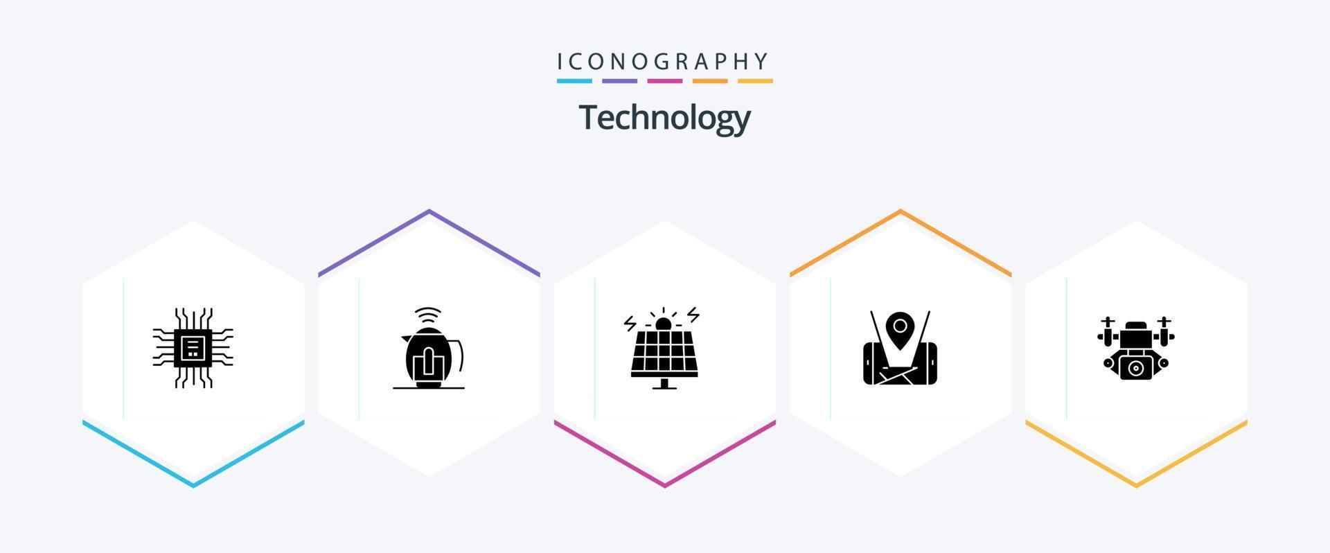 Technology 25 Glyph icon pack including camera. technology. energy. location. map vector