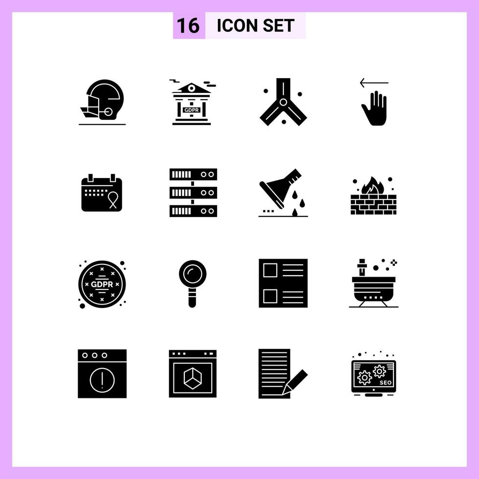 Pack of 16 Modern Solid Glyphs Signs and Symbols for Web Print Media such as love left biology gestures hand Editable Vector Design Elements